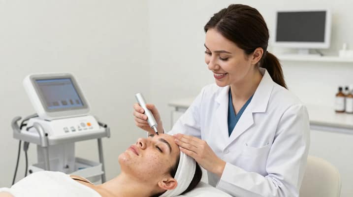 Licensed aesthetician performing microneedling treatment on patient with acne-prone skin at ALGM Beauty Bar in Van Nuys