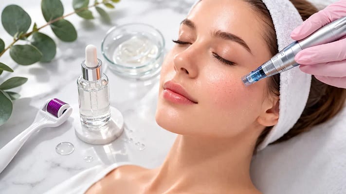 Professional microneedling treatment on face with derma roller and hyaluronic acid serum at a med spa